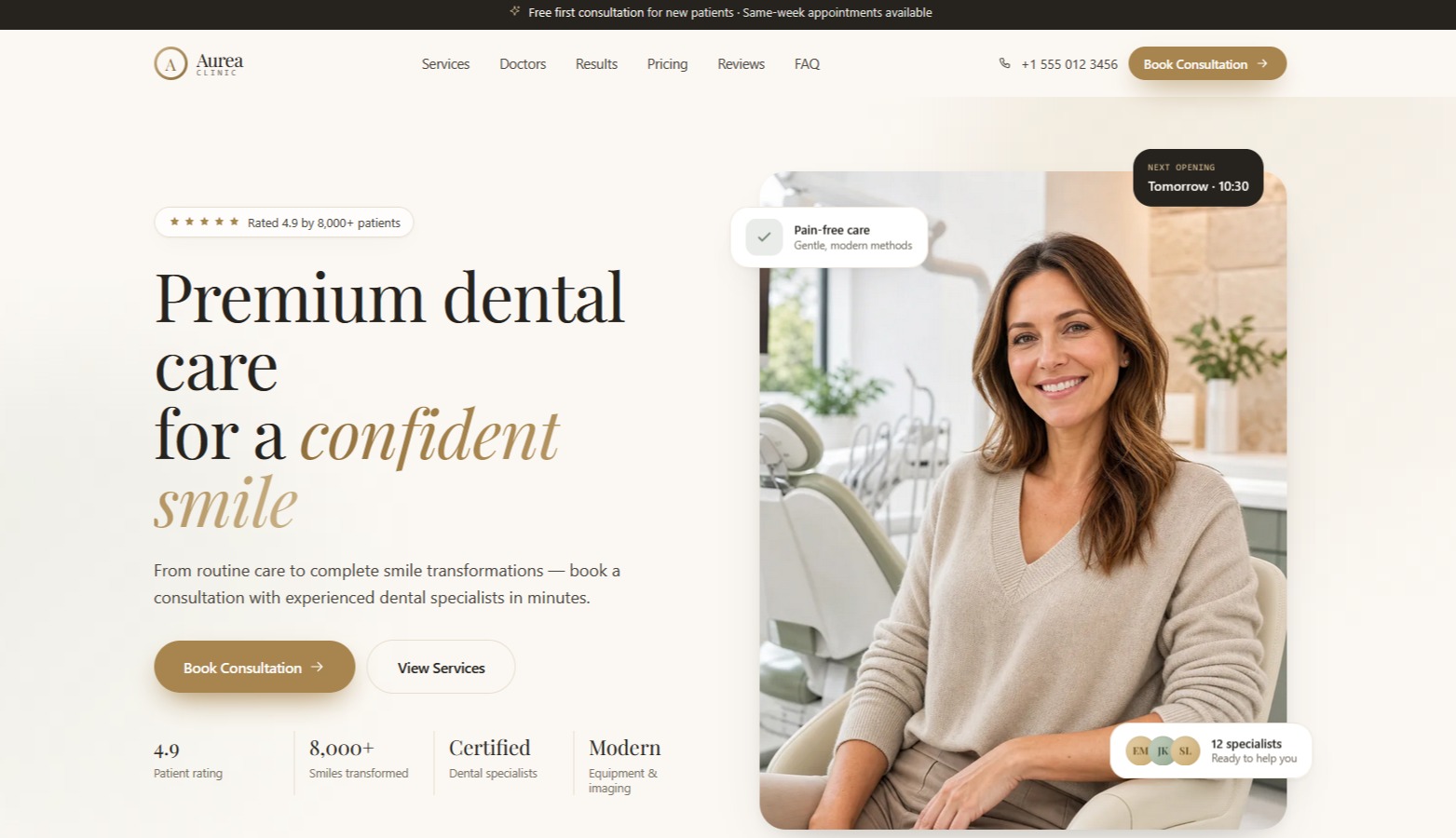 Screenshot of the first screen of the Aurea Clinic landing page